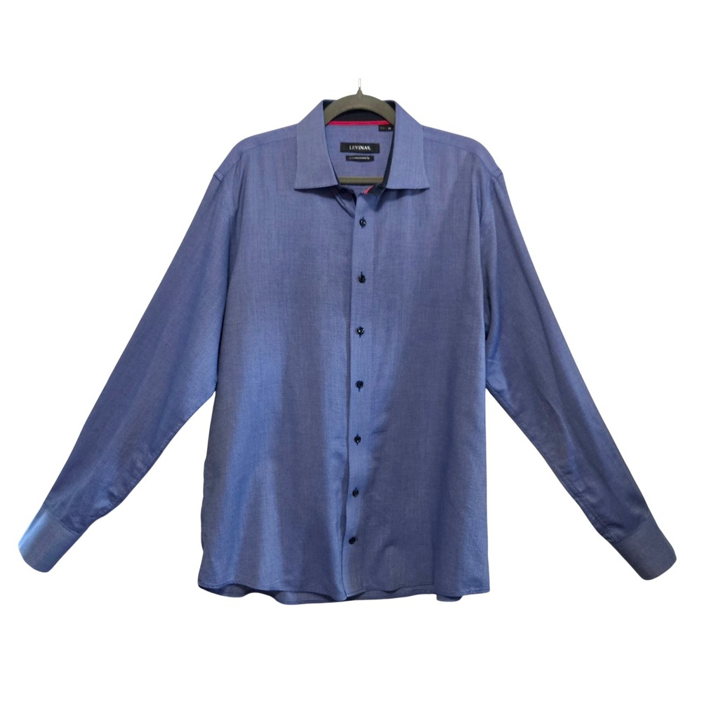 Levinas Mens Blue Micro Pattern Dress Shirt Contemporary Fit XL 17 17.5 36/37